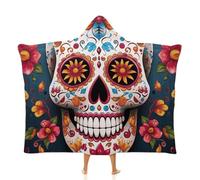 Fleece Wearable Blanket Hoodie Hands-Free Warm Cozy Oversized Colorful Sugar Skull Blanket for Working Lounging