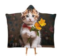 Fleece Wearable Blanket Hoodie Hands-Free Warm Cozy Oversized Kitten Hugging A Flower Blanket for Working Lounging