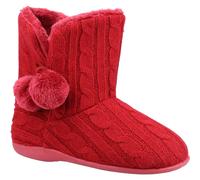 Fleet & Foster Apple Womens Knitted Bootie Slippers Faux Fur Lined Pom Pom