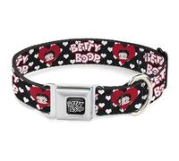 Fleischer Studios, Inc. Pet Collar, Dog Collar Metal Seatbelt Buckle, Betty Boop Face and Text Hearts Black White Red, 20 to 31 Inches 1.5 Inch Wide