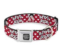 Fleischer Studios, Inc. Pet Collar, Dog Collar Metal Seatbelt Buckle, Betty Boop Seated Leg Kick Pose Text Hearts Red White Black, 15 to 24 Inches 1.0 Inch Wide