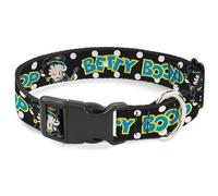 Fleischer Studios, Inc. Pet Collar, Dog Collar Plastic Buckle, Betty Boop Biker Betty Winking Text Dot Black White Blue, 20 to 31 Inches 1.5 Inch Wide