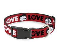 Fleischer Studios, Inc. Pet Collar, Dog Collar Plastic Buckle, Betty Boop Face and Love Text Red Black White, 8.5 to 12 Inches 0.5 Inch Wide