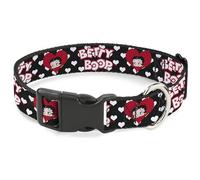 Fleischer Studios, Inc. Pet Collar, Dog Collar Plastic Buckle, Betty Boop Face and Text Hearts Black White Red, 11 to 16.5 Inches 1.0 Inch Wide