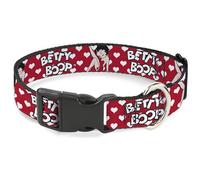 Fleischer Studios, Inc. Pet Collar, Dog Collar Plastic Buckle, Betty Boop Seated Leg Kick Pose Text Hearts Red White Black, 7 to 8.5 Inches 0.5 Inch Wide