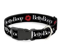 Fleischer Studios, Inc. Pet Collar, Dog Collar Plastic Buckle, Betty Boop Text and Kiss Black White Red, 9.5 to 14.5 Inches 0.5 Inch Wide