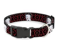 Fleischer Studios, Inc. Pet Collar, Dog Collar Plastic Buckle, Betty Boop Winking Kiss Pose XOXO Text Polka Dot Black Red, 7 to 8.5 Inches 0.5 Inch Wide