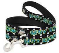 Fleischer Studios, Inc. Pet Leash, Dog Leash, Betty Boop Biker Betty Winking Text Dot Black White Blue, 4 Feet Long 0.5 Inch Wide