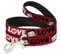 Fleischer Studios, Inc. Pet Leash, Dog Leash, Betty Boop Face and Love Text Red Black White, 6 Feet Long 0.5 Inch Wide