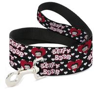 Fleischer Studios, Inc. Pet Leash, Dog Leash, Betty Boop Face and Text Hearts Black White Red, 4 Feet Long 1.5 Inch Wide