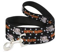 Fleischer Studios, Inc. Pet Leash, Dog Leash, Betty Boop Salute Pose and Text Stars Black White Yellow Red, 6 Feet Long 1.5 Inch Wide