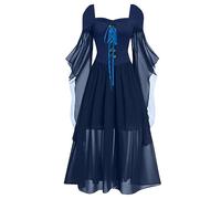 FlekmanArt Women's Renaissance Cosplay Costume Medieval Irish Over Dress Fairy Costume Cold Shoulder Butterfly Sleeve Dress, 3-Blue, 3X-Large