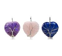 Flemtai 3 Pieces Heart-Shaped Tree of Life Gemstone Pendant Necklace,Natural Stone Charms for DIY Jewelry Making Bracelets,Earrings, Amethyst,Rose Quartz,Lapis lazuli, semi-precious stone