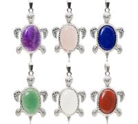Flemtai 6 Pieces Sea Turtle Tortoise Pendant Oval Cabochons Stone Pendant Turtle Crystal,Ocean Beach Turtle Urn Necklace Cremation for Jewelry Making Necklace, Amethyst/Rose Quartz/Lapis lazuli/Green