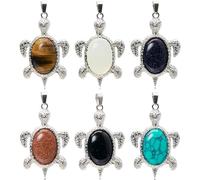 Flemtai 6 Pieces Sea Turtle Tortoise Pendant Oval Cabochons Stone Pendant Turtle Crystal,Ocean Beach Turtle Urn Necklace Cremation for Jewelry Making Necklace, Tiger's Eye/Opal/Blue Sand Stone/Gold