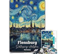 Flensburg Germany Starry Night Harbor Jigsaw Puzzle for Adults, 1000 Pieces | Section-by-section building - a practical indoor pastime on quiet evenings.