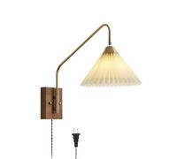 FLEPYHB Indoor Wall Lights LED, Long Arm Wall Sconce, Plug-in Pull Chain Switch, Hardwired Farmhouse Vintage Wall Light with Pleated Fabric Shade, Swing Arm Wall Lamp for Bedroom, Dining Table, Beds