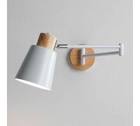 FLEPYHB Indoor Wall Lights LED, Swing Arm Wall Light White Wood Bedroom Reading Wall Sconce Adjustable Long Arm Nordic Rustic Wall Lamp Vintage Farmhouse Wall Mount Lighting Hardwired for Bedside Li