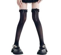 Flerivva Women's Lolita Thigh High Stockings Ruffle Coquette Bow Over The Knee Socks, Frilly/Black, One size