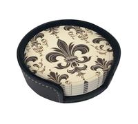 Fleur-de-Lis and Coat Arms Knight Coasters for Drinks Set of 6 with Holder Non-Slip Leather Coaster Round Drink Coaster for Tabletop Protection, Cup Mat for Coffee Table Decor