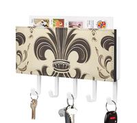 Fleur-de-Lis and Coat Arms Knight Key Holder Wall Mounted, PU Leather Key Holder with 5 Hooks & Mail Organizer, Vintage Keys Rack for Hallway, Entryway, Kitchen