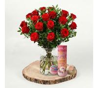 Fleur De Luxe 18 Red Roses Fresh Flower Bouquet With Luxury Chocolates, Valentines Day Romantic Gift For Her, Hand Tied Bouquet, Premium Long Stem Roses, Gift Box Included