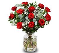 Fleur De Luxe - Dozen Red Roses, Gypsophila & Eucalyptus Bouquet: Romantic Gift For Love & Devotion