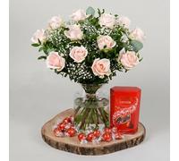Fleur De Luxe Flower Of Love Pink Fresh Flower Bouquet With Chocolates, Romantic Valentine’s Day Gift, Hand Tied Mixed Blooms For Her, UK Online Florist Delivery