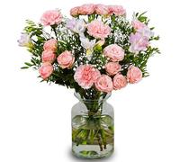 Fleur De Luxe Luscious Pinks Bouquet - Elegant Carnations Roses Freesia Gift for Birthdays New Baby Girl Get Well Thank You