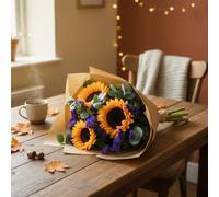 Fleur De Luxe Sunflower Breeze Giftbox - Bright Yellow Sunflowers, Purple Statice & Eucalyptus Bouquet - Hand-Tied Floral Arrangement for All Occasions with Gift Box