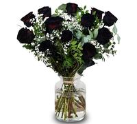 Fleur De Luxe 'The Flower Of Love - Black' Bouquet: Black Roses With Gypsophila & Eucalyptus - Romantic Gift For Anniversaries & Birthdays