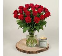 Fleur De Luxe Two Dozen Red Roses Fresh Cut Flower Bouquet With Scented Candle Gift Set For Valentine'S Day Romantic Anniversary Birthday For Her Or Him, Long Stem Roses, Hand Tied Arrangement