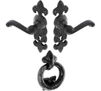Fleur De Lys Lever Traditional Lock Door Handle & Ring Knocker Set, Antique Black - Pair Of Handles For Interior & Exterior Doors