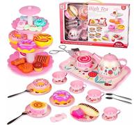 Flex 41 PCS Kids Tea Set for Girls Age 3-6 Pink Pretend Play Tea Party Set with Tin Teapot, Cups, Plates 3 Tier Dessert Stand Cookies Donuts Educational Kitchen Role Play Toy Birthday