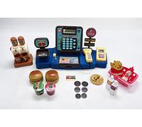 Flex Electronic kids Cash Register Toy with Scanner Card Machine Play Money Coffee maker Burger set Pretend Play learn Supermarket Checkout Counter with Sound and Light Boy Girl 3 4 5 6 years old Blue