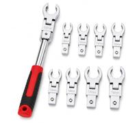Flex Head Flare Nut Spanner Set, 9-19mm Metric Brake Line Offset Wrench | 12-Point 180° Rotating Flare Nut Wrench Set Open Ring Spanner for Nuts on Brake, Fuel and Tubing