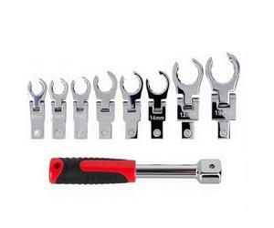 Flex Head Flare Nut Spanner Set, 9pc 9-19mm Metric Brake Line Spanner Offset Box Wrench Set, 12-Point 180 Degree Rotating Flare Nut Wrench Set Open Ring Spanner for Nuts on Brake, Fuel and Tubing