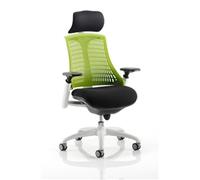 Dynamic Synchro Tilt Task Operator Chair Height Adjustable Arms Flex Black Back, Green Seat, White Frame With Headrest Medium Back
