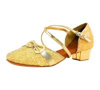 flexdans Girls Glitter Ballroom Dance Shoes, Latin Salsa Dance Shoes Tango Dancing Ballroom Closed Toe Dance Shoes for Kids Gold 28