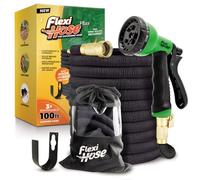 Flexi Hose PLUS with 8 Function Nozzle Expandable Garden Hose, Lightweight & No-Kink Flexible Garden Hose, 3/4 inch Solid Brass Fittings and Double Latex Core, 100 ft Black