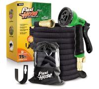 Flexi Hose PLUS with 8 Function Nozzle Expandable Garden Hose, Lightweight & No-Kink Flexible Garden Hose, 3/4 inch Solid Brass Fittings and Double Latex Core, 75 ft Black