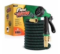 Flexi Hose with 8 Function Nozzle, 100FT - Lightweight Expandable Garden Hose, No-Kink Flexibility, 3/4 Inch Solid Brass Fittings and Double Latex Core - Green