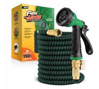 Flexi Hose with 8 Function Nozzle, 150FT - Lightweight Expandable Garden Hose, No-Kink Flexibility, 3/4 Inch Solid Brass Fittings and Double Latex Core - Black and Green