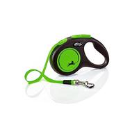 flexi® Neon S | 5 m retractable tape lead for small dogs up to 15 kg | Black / neon green | extendable dog lead | Weight: 210 g | Dimensions: 10 x 16.5 cm