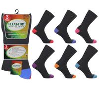 FLEXI-TOP Non-Elastic Diabetic Socks, 6 Pack, Black with Coloured Heels and Toes, UK Size 6-11