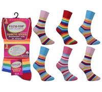 Flexi-Top Non-Elastic Diabetic Socks, Ladies UK 4-7, Striped Cotton, 6 Pairs, Multicoloured