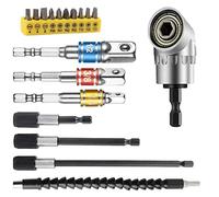 Flexible Drill Bit Extension kits,Include 11.8 inch Bendable flexible extension Bit, 10Pcs Screwdriver Bit Set, 105° Right Angle Drill, 3pcs Universal Socket Adapter Set and 3pcs Drill Bit Holder
