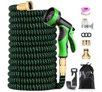 Flexible Garden Hose 100FT/30M, 3750D Durable Fabric with 4-Layer Latex Core, 10-Pattern Spray Nozzle, 1/2" & 3/4" Brass Connectors for Garden Watering, Car Washing & Outdoor Use, Green Black