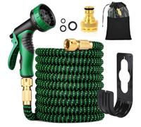 Flexible Garden Hose 30 m / 100 ft Green with Spray Nozzle and 3/4 Inch and 1/2 Inch Brass Connections, Expandable Water Hose Flexible with 10 Functions, 3 x Stretchable, Kink-Free, for Garden, Floor