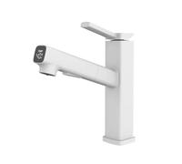 Flexible Kitchen Faucet with Digital Display 3 Spray Modes Pull-Out Design Brass Monobloc Tap for Hotels Restaurants & Homes - Modern White Finish